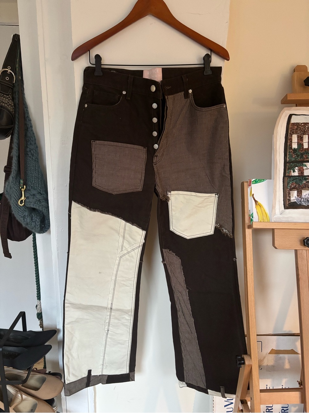 Revice Patchwork Two-Tone Wide Leg Pants - Black & Cream